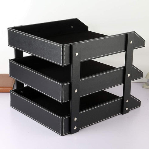 Leather Desk File Organizer, 3-Layer Stackable Tray for Documents, Folders, Stationery, and Other Home Office Sundries