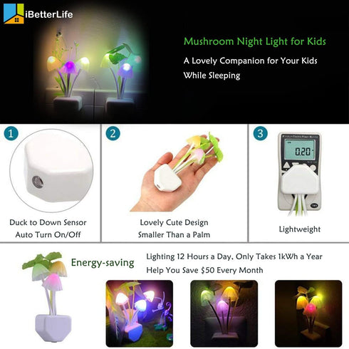 0.6W iBetterLife LED Night Light Smart Sensor Color Changing Plug-in Night Lights for Kids Adults Cute Mushroom Night