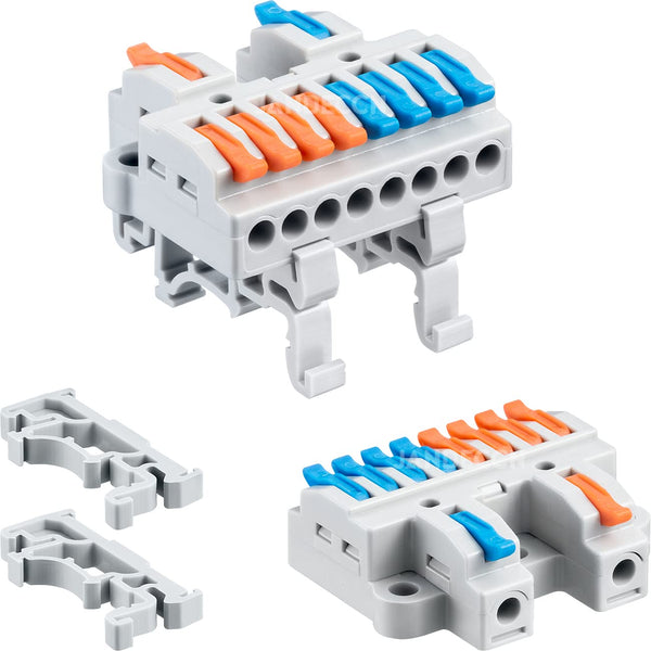 6pcs DIN Rail Terminal Blocks, DIY Splicing Wire Connectors for Circuit Inline 18-12AWG (2 in 8 out)