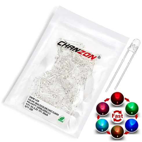 CHANZON 100 pcs 3mm RGB Multicolor Fast Blinking LED Diode Lights, Bright Lighting Bulb Lamps