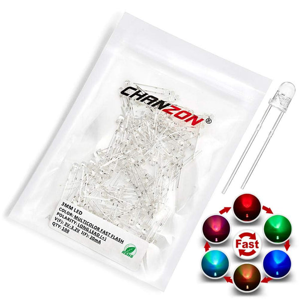 CHANZON 100 pcs 3mm RGB Multicolor Fast Blinking LED Diode Lights, Bright Lighting Bulb Lamps