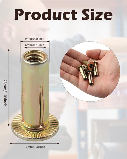 AOKLIT 100Pcs 1/4-20 Pre-Bulbed Multi-Grip Rivet-Nuts, Rivet Nut Steel Shank, Plus Nut Color Zinc Plated Flat Head