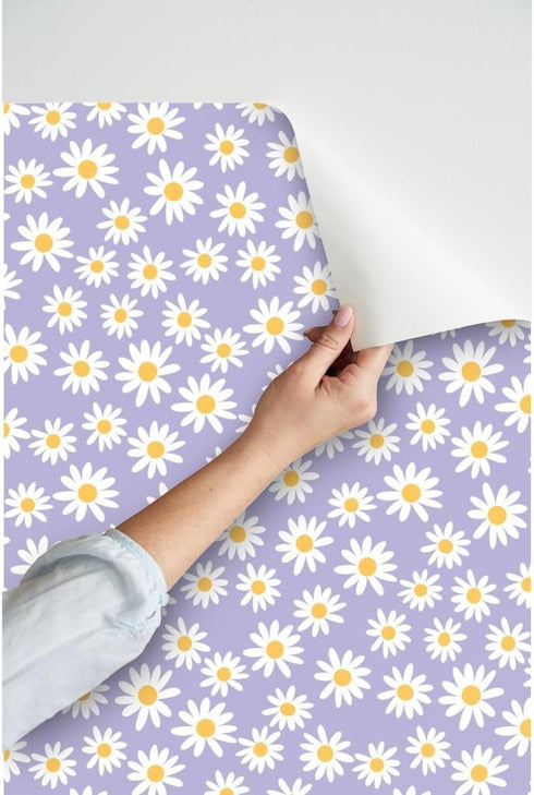3ft 2ft 90S Y2K Spoonflower Peel & Stick Wallpaper x - Floral Daisies Mini Dollhouse Flowers Purple Lilac Spring Custom