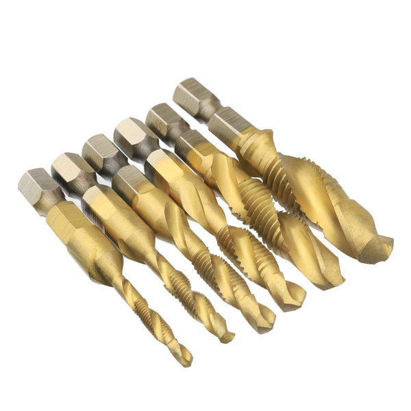 6 Pcs Metric Thread M3-M10 Screw Tapping Tool, 1/4" Hex Shank Titanium Plated HSS Combination Drill and Tap Set