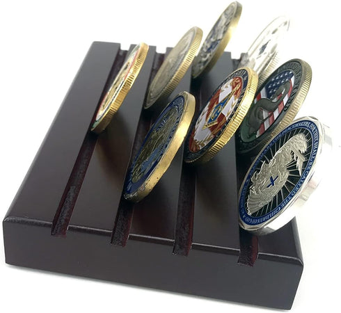 Glamtune 4 Rows Coin Holder, Military Coin Display Stand Rack (Wood)