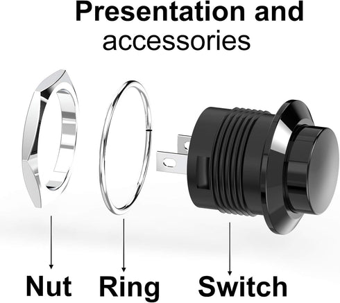 20Pcs AC250V/3A AC125V/6A Off(ON) NO Lock Round Momentary Push Button Switch, Black Cap