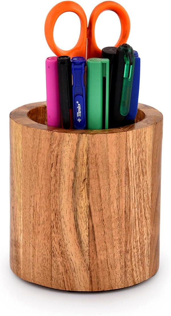 NIRMAN Acacia Wood Round Pencil/Pen Holder for Desk, Multi-Purpose Desktop Organizer for Home, School, Office