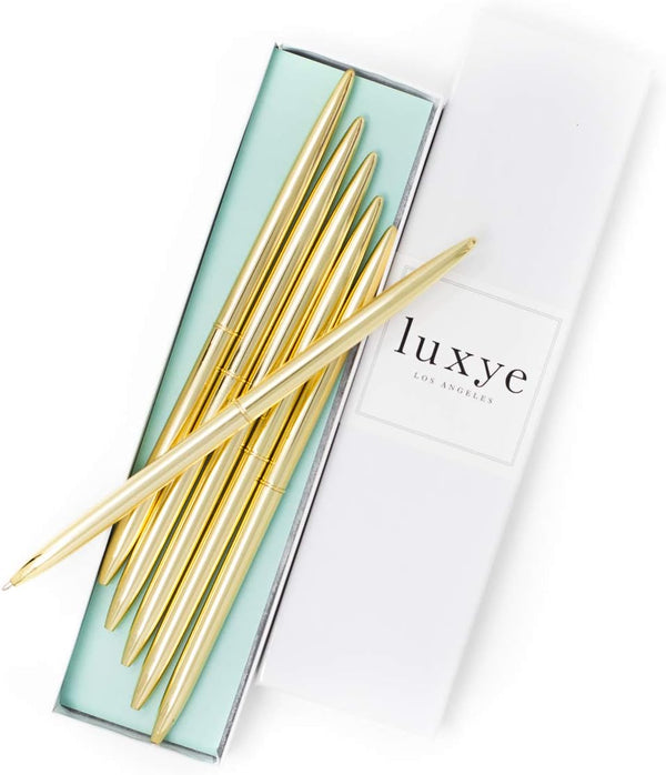Gold Pens with Black Ink, Luxury Ballpoint Gold Pen Set of 6 in Glossy White Gift Box for Office Supplies