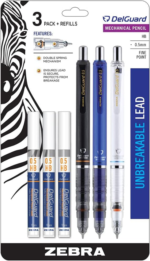 Zebra Pen DelGuard Mechanical Pencil, Fine Point, 0.5mm, Black/Blue/White Barrel, 3-Pack with Lead Refills