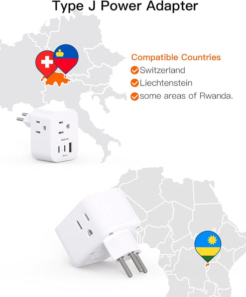 2 Pack Switzerland Travel Plug Adapter, Type J Power Adapter with 3 Outlets, 3 USB Ports (2 USB C), Travel Essentials US to Switzerland, Rwanda, Liechtenstein