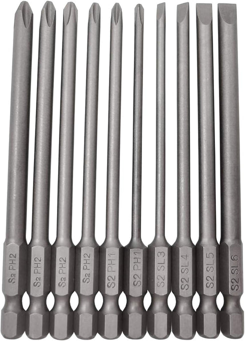 Long Slotted Head and Cross Phillips Screwdriver Bit Sets, 10Pcs with 1/4 Inch Hex Shank, 4 Inch Length