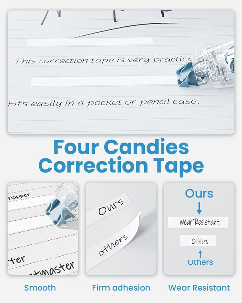 Four Candies 2PCS Refillable Retractable White Out Correction Tape with 4 Extra Refills, Mini Aesthetic Applicator
