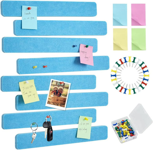 Vuzvuv 8 Pcs Sky Blue Cork Board Strips with 50 Pushpins & Sticky Notes, Self-Adhesive Wall Felt Pin Board