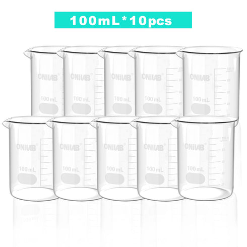 ONiLAB Scientific Glass Beakers Shot Glass, Vol. 100ml, 3.3 Borosilicate Griffin Low Form with Printed Graduation, Pack of 10 13900251
