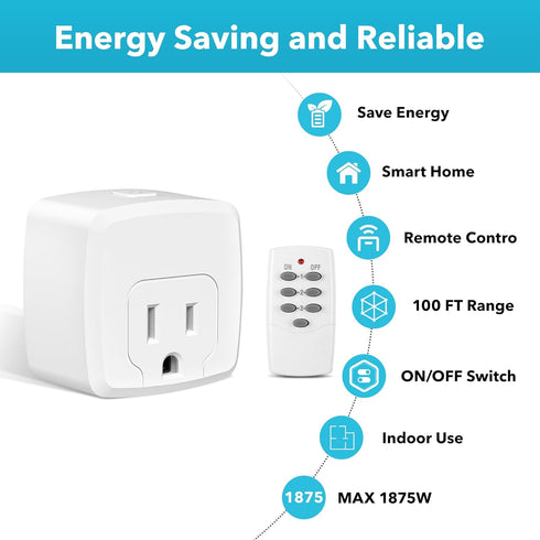 HBN Remote Control Outlet, 100FT RF Signal Wireless On Off Switch Plug for Household Appliances, 15A