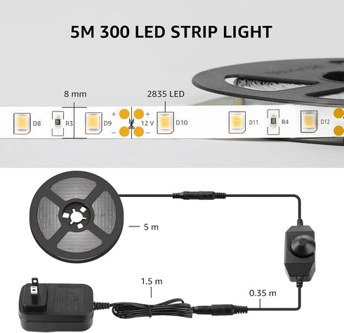 16.4ft Dimmable 6000K 300 2835, 3M Lepro LED Strip Light White, Vanity Lights, Super Bright LED Tape Lights, LEDs
