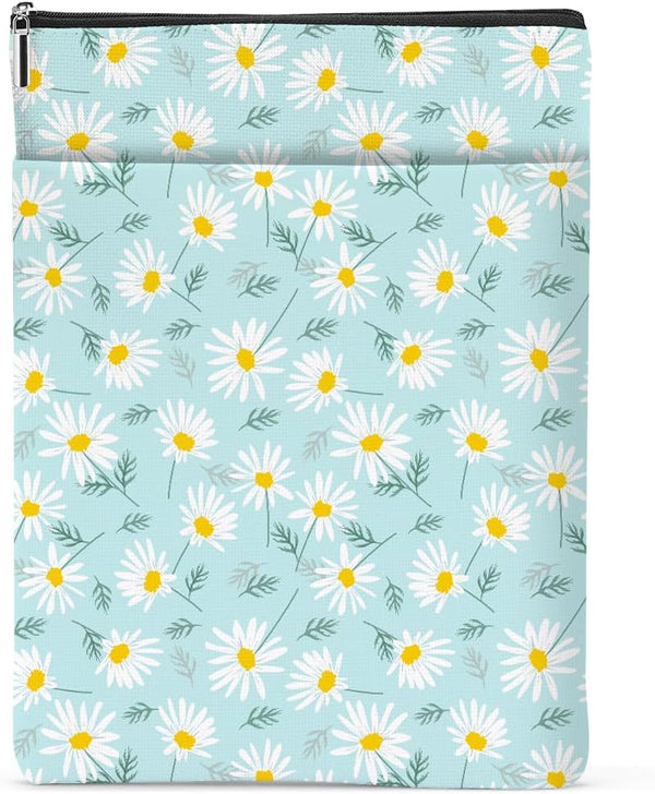Waterproof Book Sleeve with Zipper and Front Pocket, Daisy Pattern Book Pouch for Women, Girls, Librarians, Book Lovers