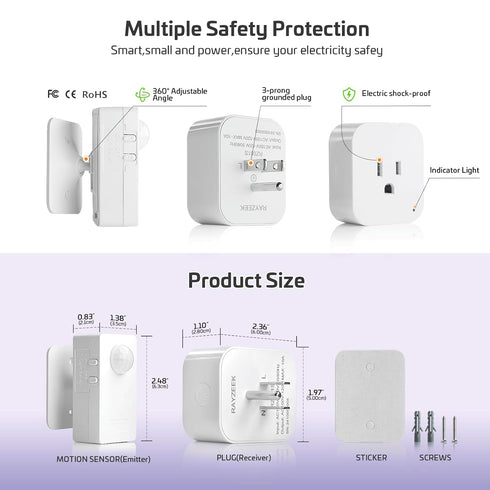 Devices,10A/1100W RAYZEEK Wireless Motion Sensor Plug Kits,No-Wire Mini PIR Sensor Switch Control Plug to Auto Turn