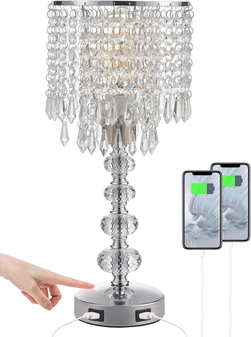 3 Dimmable Acaxin Crystal Table Lamps for Bedroom Nightstand - Touch Bedside Lamps with Two USB Charging Ports Silver