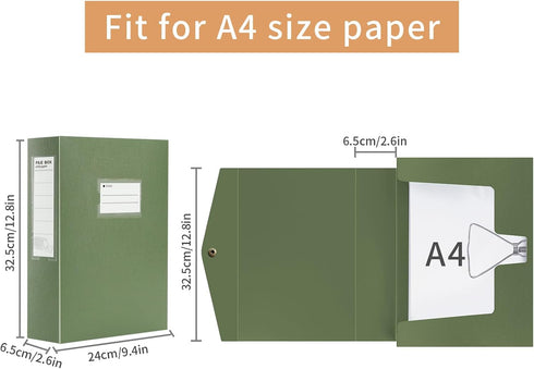 HUA JIE 2 Pack A4 Storage File Boxes, 65mm Spine Document Storage Box with Metal Clip for Office School, Green
