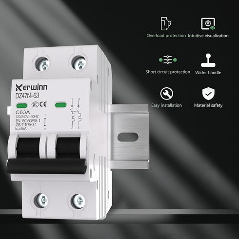 Miniature Circuit Breaker 120V/240V AC 2Pole 32Amp Smart Circuit Breaker DIN Rail Mount for Marine Power Systems, Solar