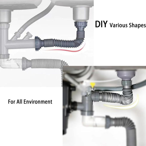 Flexible P-Trap 1-1/2" (Grey) with 1-1/4" Adapter, Female Nut for Kitchen Sink Drain, Variable Height