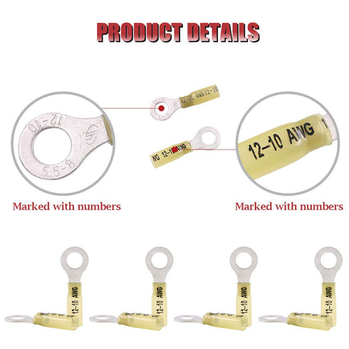 Hilitchi 50Pcs Nylon Heat Shrink Ring Insulated Terminals - Electrical Wire Crimp Connector (12-10AWG, 5/16'')