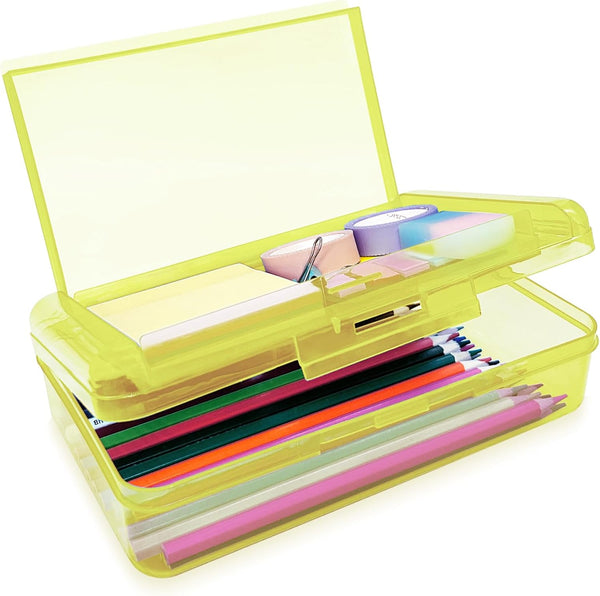 Double Layer Large Capacity Pencil Box, Plastic Translucent Hard Pencil Case with Snap-Tight Lid for School Supplies