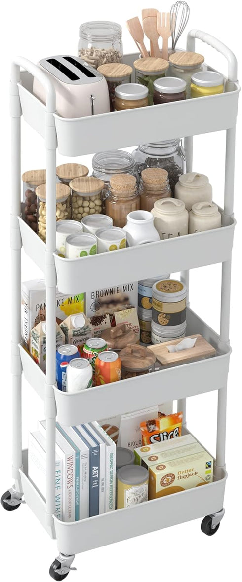 Sywhitta 4-Tier Plastic Rolling Utility Cart - Multi-Functional Storage Trolley with Handle for Office, Living Room,