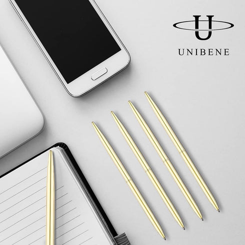 Unibene 12 Pack Ballpoint Pens, Slim Metallic Retractable Gold Pens Set, Medium Point (1 mm) Black Ink for Gifts
