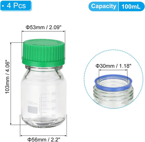 PATIKIL 4 Pack Reagent Media Storage Bottles, 100ml Borosilicate Glass Graduated Round Bottles with GL32 Green Screw Cap for Lab Water Reagent Liquids, Clear by PATIKIL