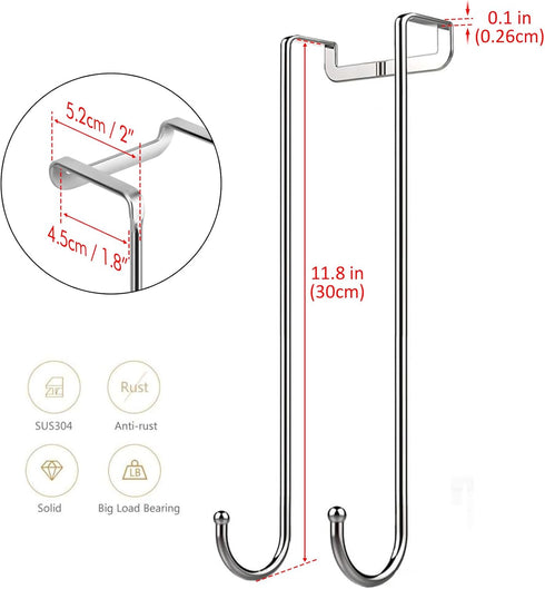 Over The Door Hook, 11.8 inch Heavy Duty Door Hanger for Home, Kitchen, Office