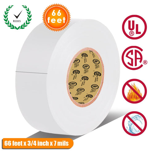 White Electrical Tape, 66 feet x 3/4 inch, Waterproof, Flame Retardant, Strong Adhesive, 600V