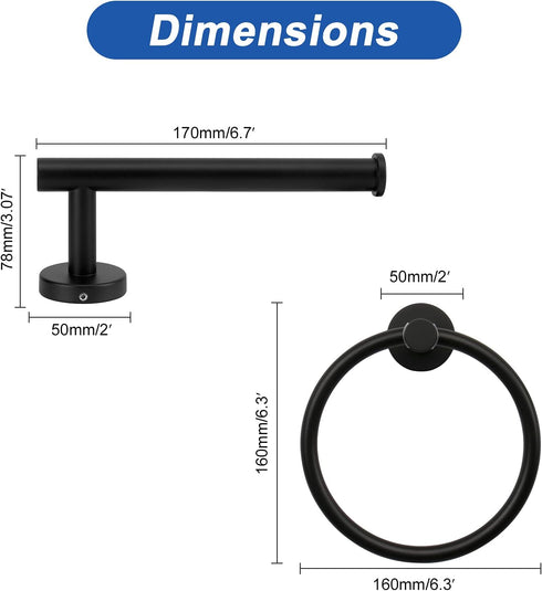 NearMoon 2 Pieces Bathroom Hardware Accessories, Towel Ring and Toilet Paper Holder, Matte Black