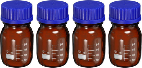 PATIKIL 100mL Reagent Media Bottle, 4Pcs Round Graduated Glass Storage Bottle Amber with Blue Screw Cap