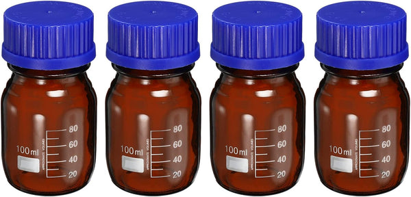 PATIKIL 100mL Reagent Media Bottle, 4Pcs Round Graduated Glass Storage Bottle Amber with Blue Screw Cap
