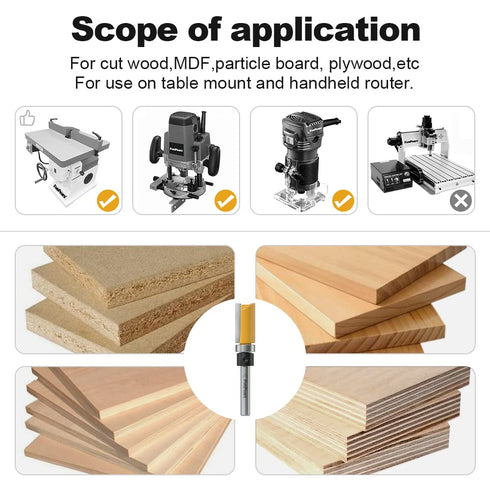 1/4 Inch 1/2 Inch 1 Inch FivePears Pattern Flush Trim Router Bit Shank, Cutting Diameter, Cutting Length, Top Bearing