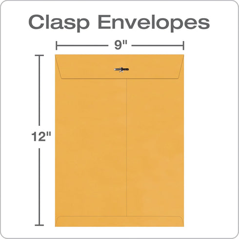 Quality Park 9 x 12 Clasp Envelopes, Extra Heavy-Duty 32 lb Kraft Paper, Clasp and Gummed Closures, 100 per Box