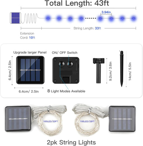 suddus 2 Pack 33ft Solar Fairy String Lights, 100 LED Blue Copper Wire for Outdoor Garden, Party Decorations