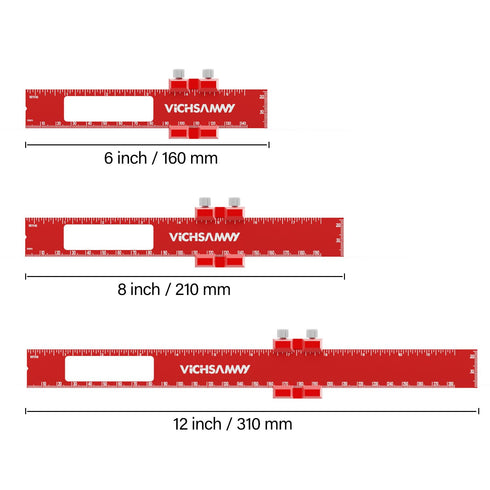 Woodworking Ruler, Precision Pocket Rulers, VICHSAMWY Scribing Ruler 12, 8, 6 Inch Metal Slide Stop Marking Ruler Metric Inch, Square Ruler Adjustable Sliding Ruler for Marking and Measuring, 3 Pcs
