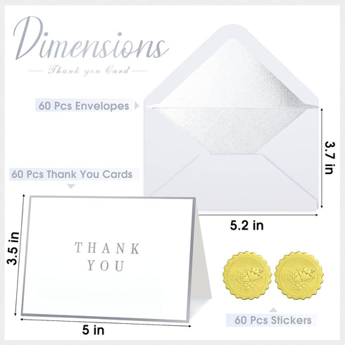60 3.5 5 Inch Gueevin Pcs Thank You Cards with Envelopes and Stickers Bulk x Silver Border Blank Thank You Note Card
