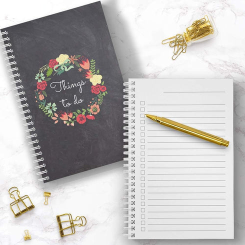 Hardcover Floral Wreath Things to Do Spiral Notebook/Journal, 5.5" x 8.5", 120 Checklist Pages, Soft Touch Matte Cover