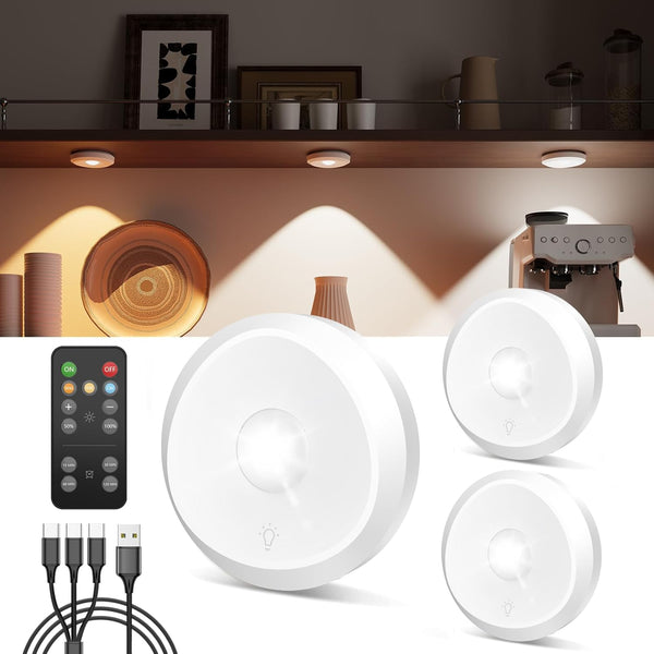 USB Rechargeable LED Puck Lights with Remote Control, 2400mAh Battery Operated Push