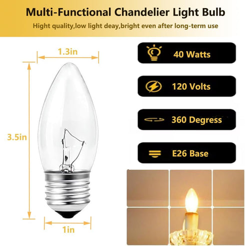 YKCGG 8 Pack 40W Bulbs Bulb E26 Incandescent Equivalent Energy Torpedo Tip Chandelier with Crystal Clear Incandescent