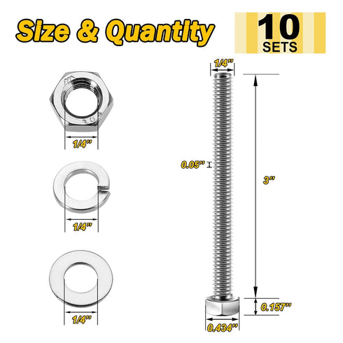 (10 Sets) 1/4-20x3" Hex Head Stainless Steel Bolts and Nuts with Flat & Lock Washers, 304 Stainless Steel 18-8, Fully