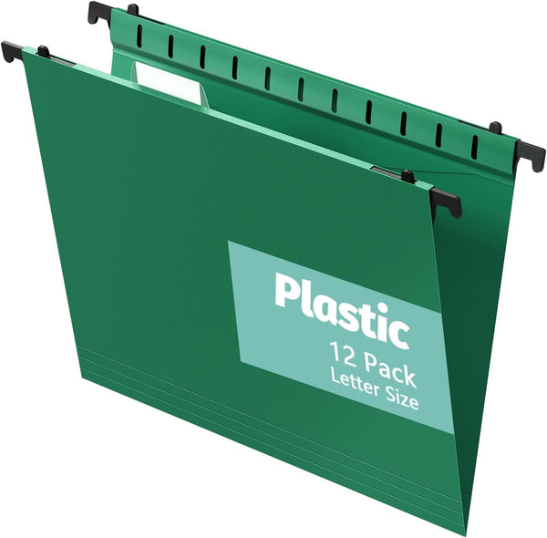 Plastic Hanging File Folder, Letter Size, 12 Pack Reinforced Hang Folders with 2 Inch Expansion, Sturdy File Cabinet