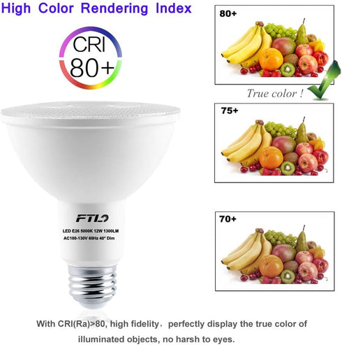 PAR30 LED Flood Light Bulbs, Long Neck, 5000K Daylight, Dimmable, 75W Halogen Equivalent, 12W E26, 1300LM, 4-Pack