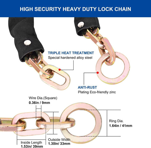 2.5FT 3/8" Heavy Duty Security Chain, x Thick Hardened Steel Cut Proof Anti-Theft Lock Chain for Motorcycles, Bikes