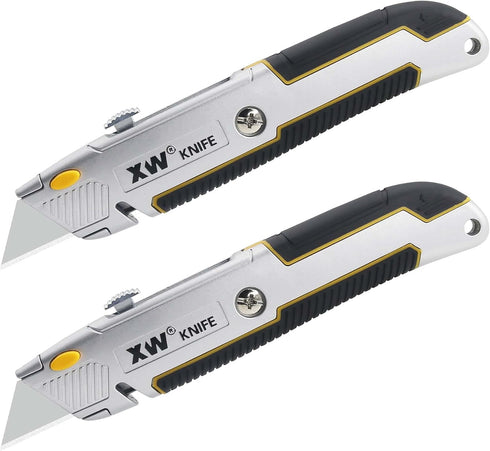 XW Retractable Utility Knife, Heavy Duty Zinc Alloy Box Cutter with 10 PCS Blades, 2-Pack