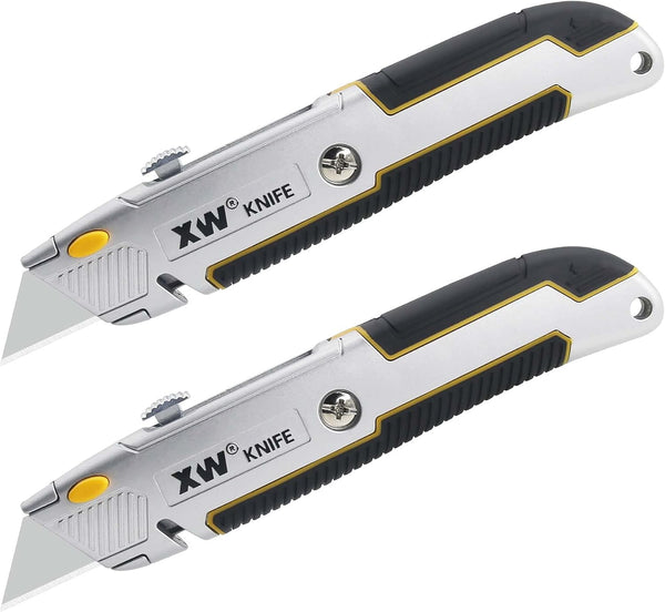 XW Retractable Utility Knife, Heavy Duty Zinc Alloy Box Cutter with 10 PCS Blades, 2-Pack